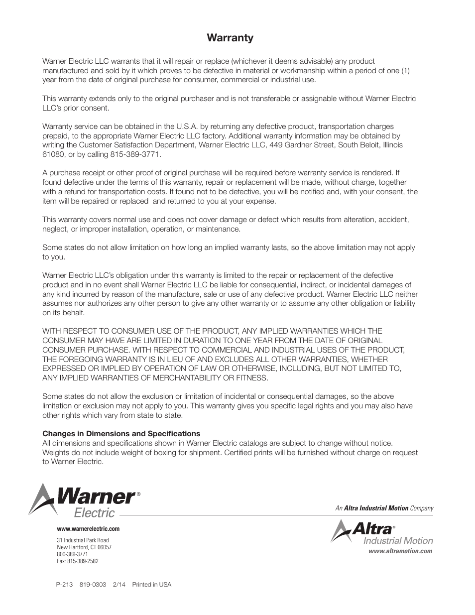Warranty | Warner Electric Electro-Module EM-50, EM-100, EM-180, EM-210, EM-215 User Manual | Page 22 / 22