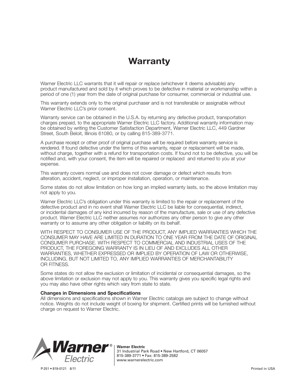 Warranty | Warner Electric ER 825 and 1225 Heavy Duty User Manual | Page 14 / 14
