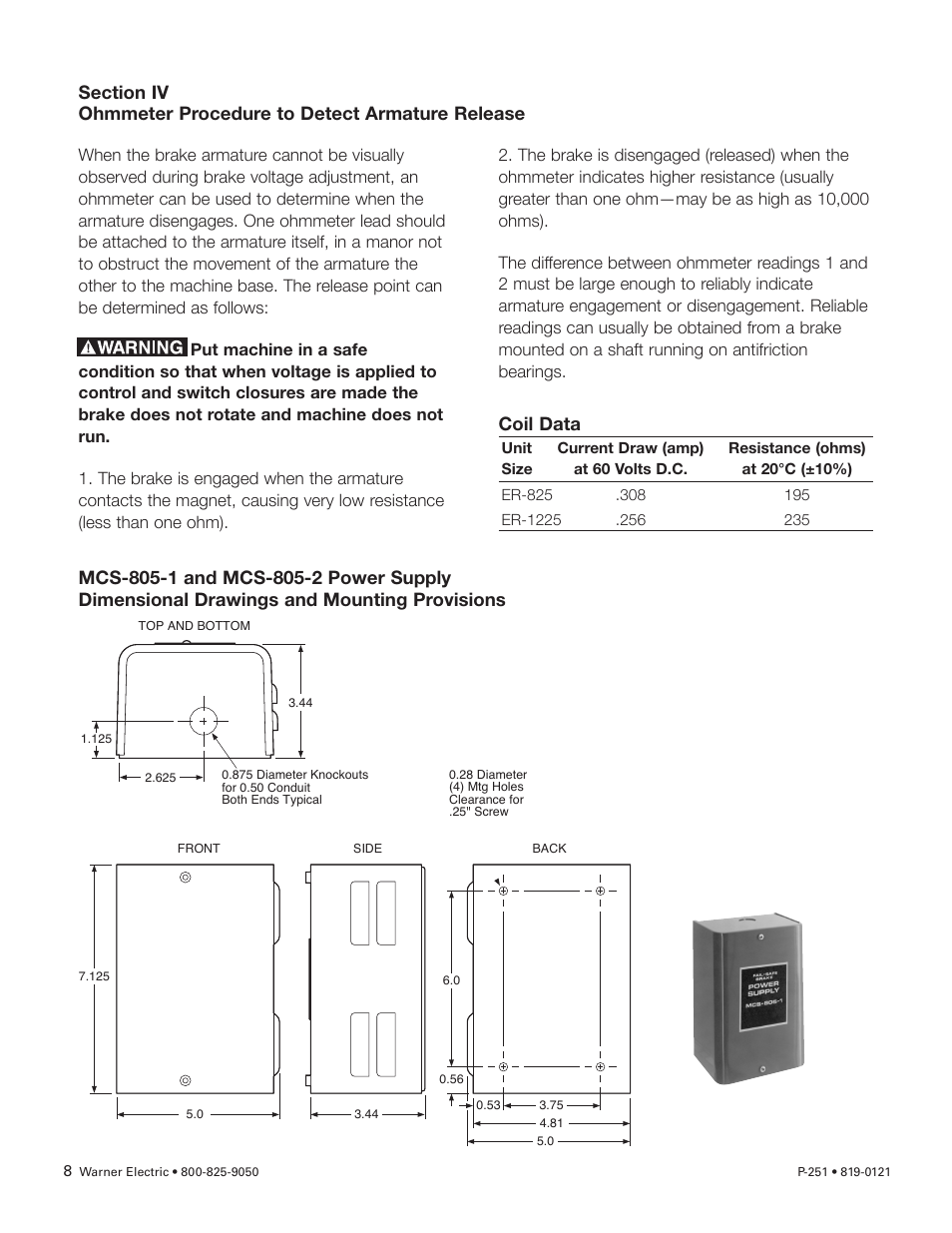 Coil data | Warner Electric ER 825 and 1225 Heavy Duty User Manual | Page 8 / 14