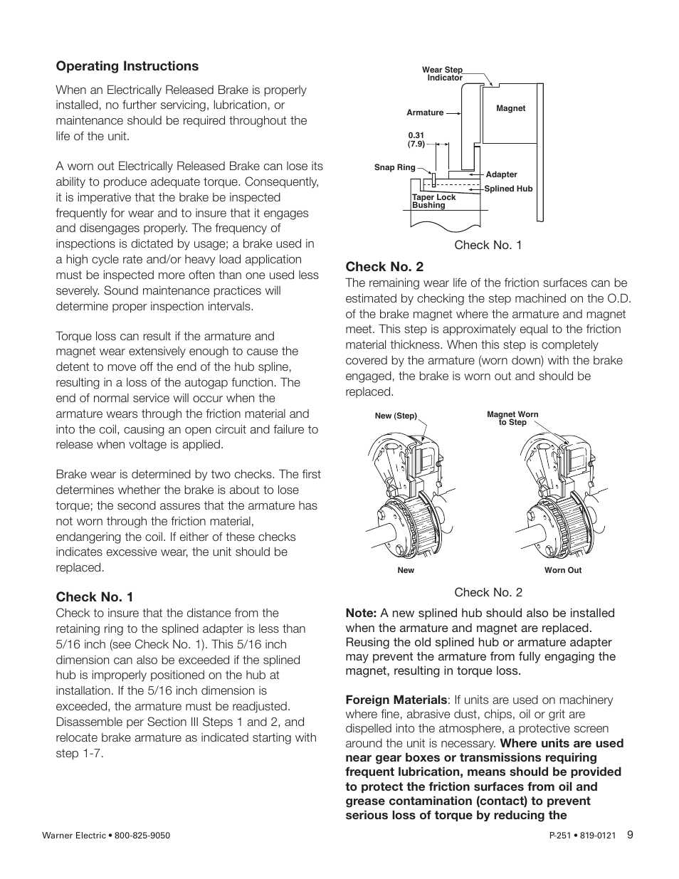 Operating instructions, Check no. 1, Check no. 2 | Warner Electric ER 825 and 1225 Heavy Duty User Manual | Page 9 / 14