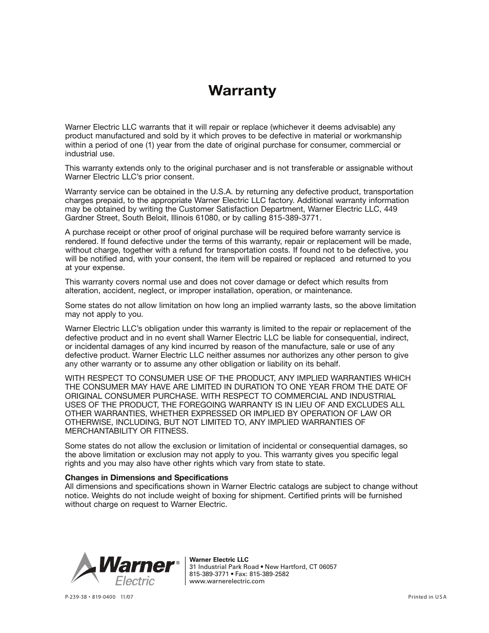 Warranty | Warner Electric WSCC-102 User Manual | Page 4 / 4