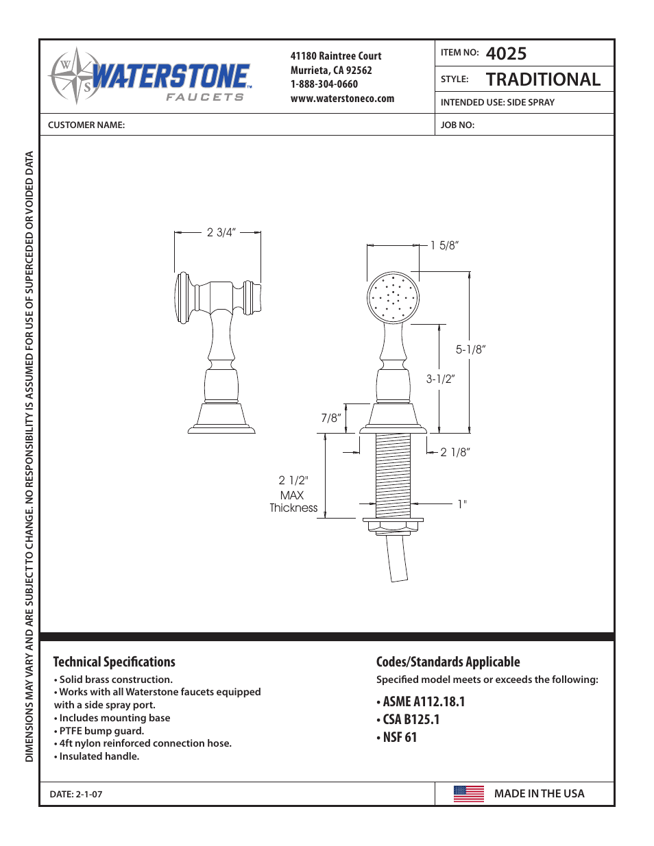 Waterstone SIDE SPRAYS 4025 User Manual | 1 page