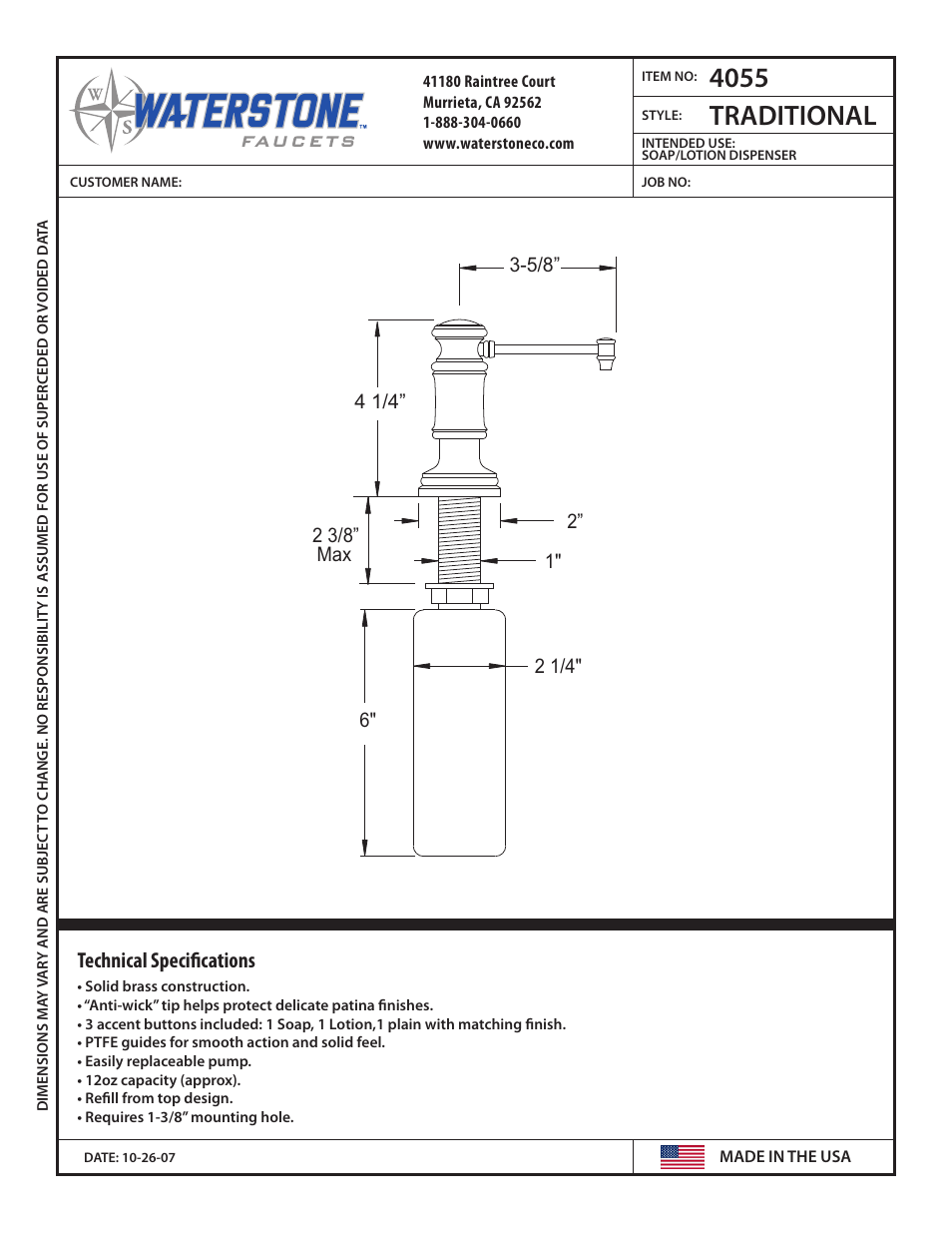 Waterstone SOAP - LOTION DISPENSERS 4055 User Manual | 1 page