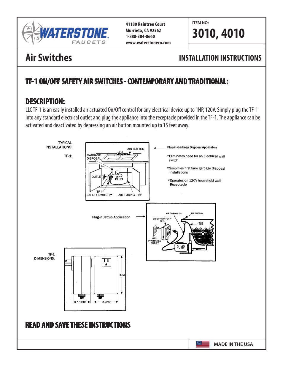 Waterstone AIR SWITCHES 4010 User Manual | 2 pages