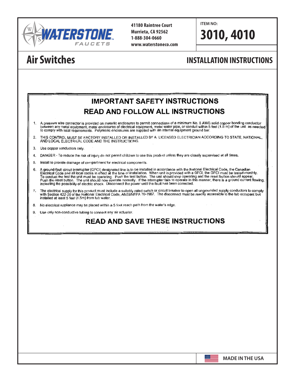 Air switches, Installation instructions | Waterstone AIR SWITCHES 4010 User Manual | Page 2 / 2