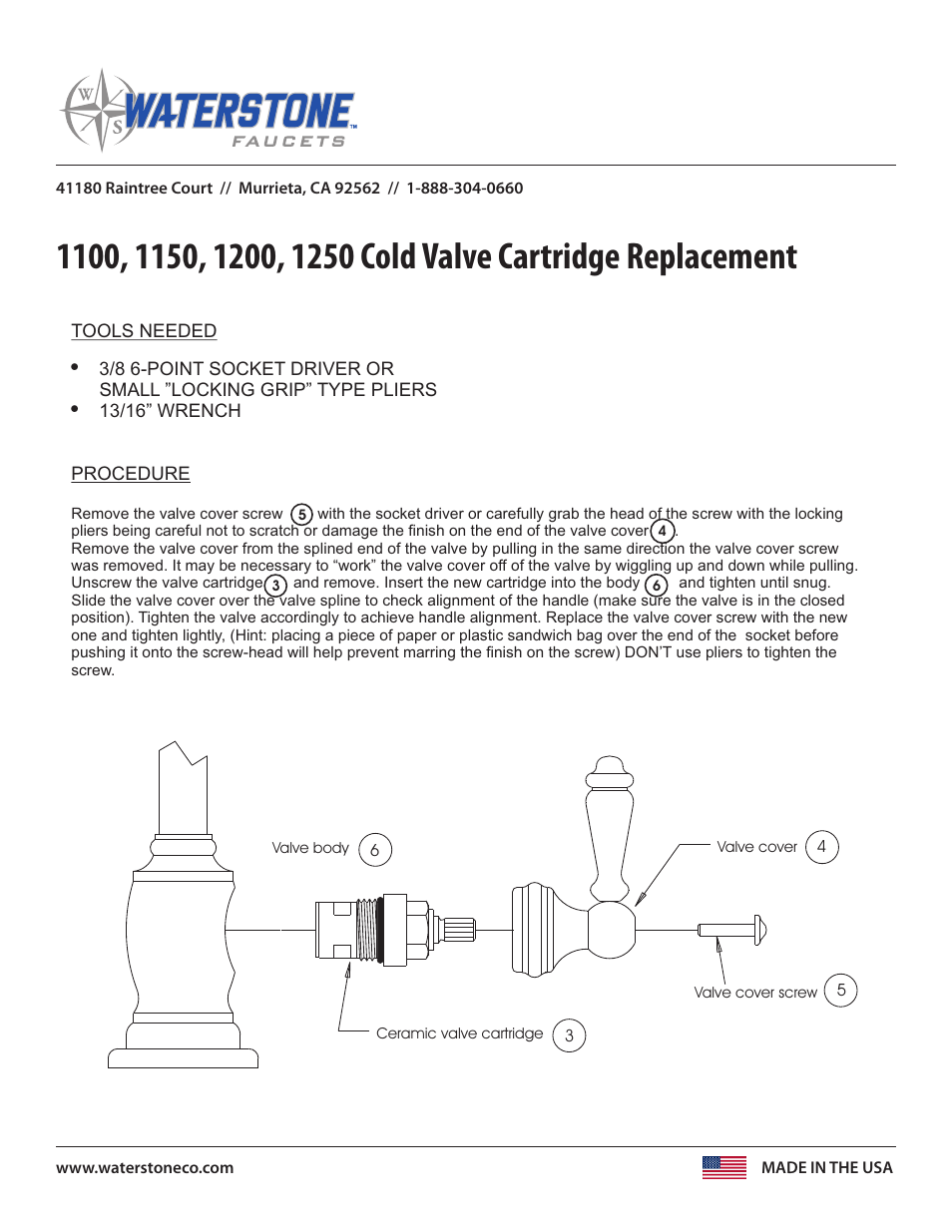 Waterstone Cold Valve Cartridge 1100, 1150, 1200, 1250 User Manual | 1 page