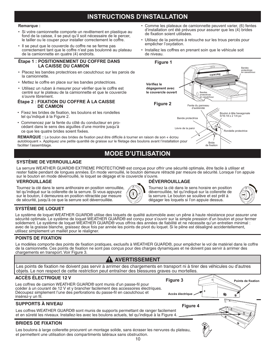 Instructions d’installation, Mode d’utilisation, Avertissement | WEATHER GUARD 117-0-02 User Manual | Page 10 / 12
