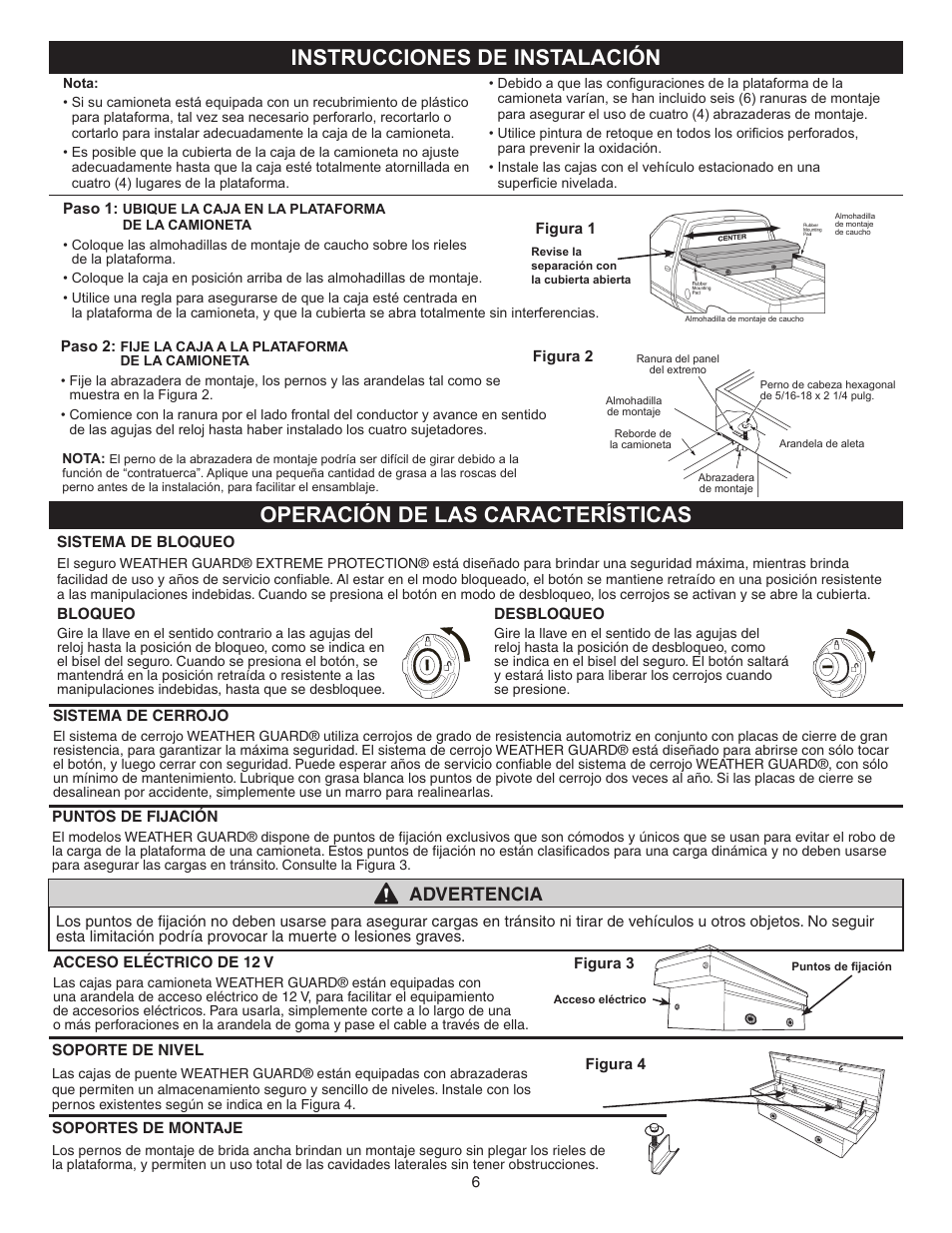 Instrucciones de instalación, Operación de las características, Advertencia | WEATHER GUARD 117-0-02 User Manual | Page 6 / 12