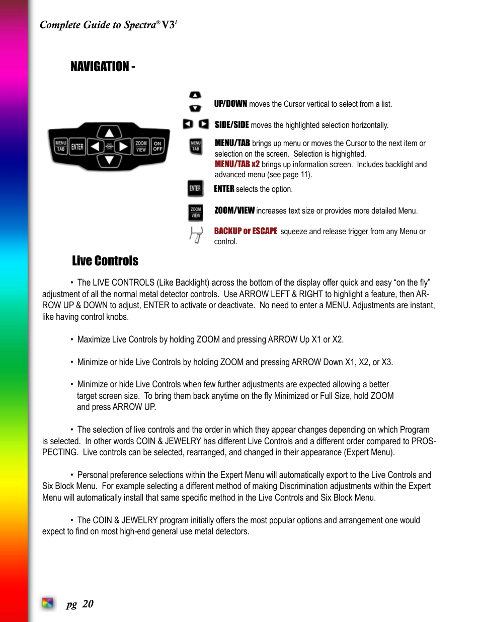Six bl ock, Navigation, Live controls | White’s Electronics Spectra V3i User Manual | Page 20 / 64