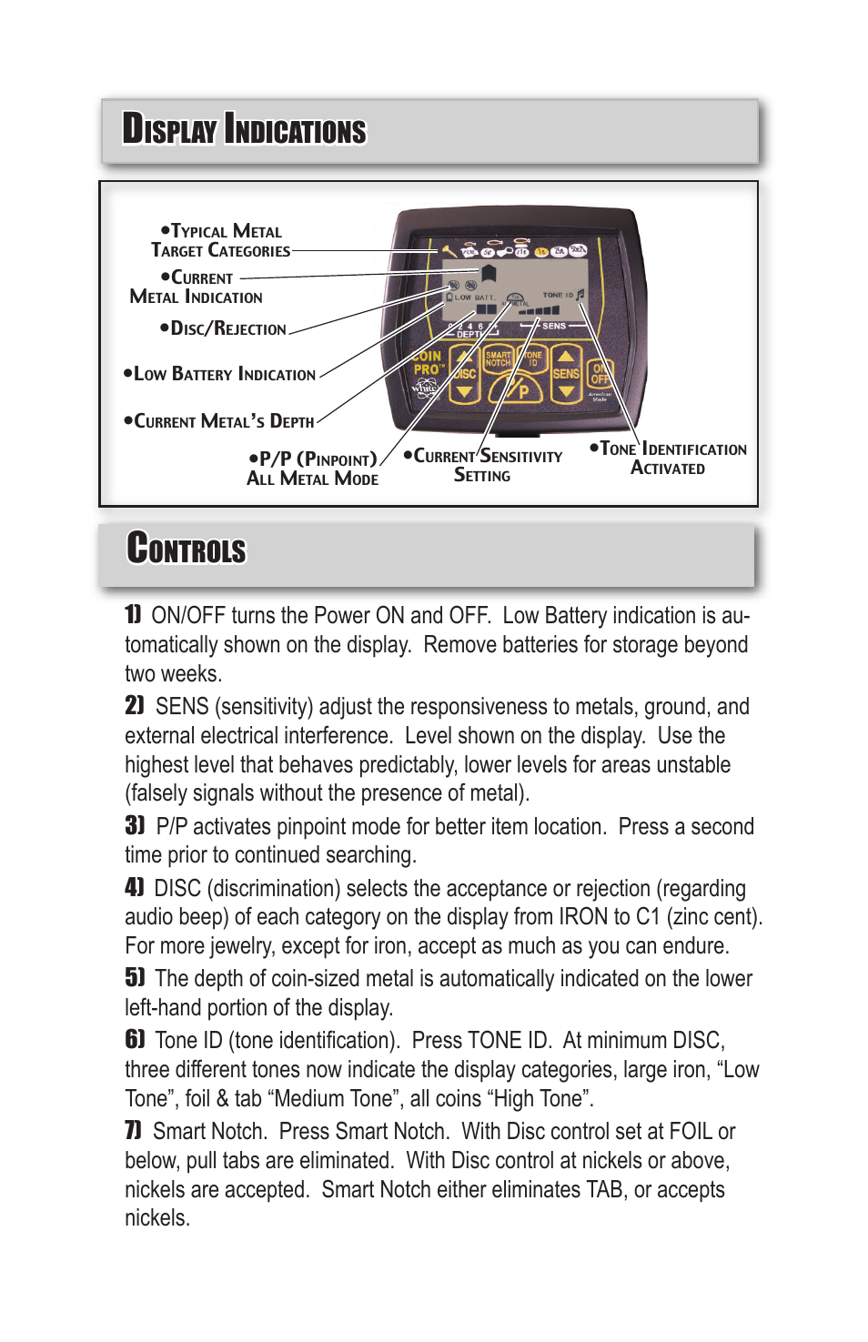Ontrols, Isplay, Ndications | White’s Electronics Coinmaster Pro User Manual | Page 3 / 4