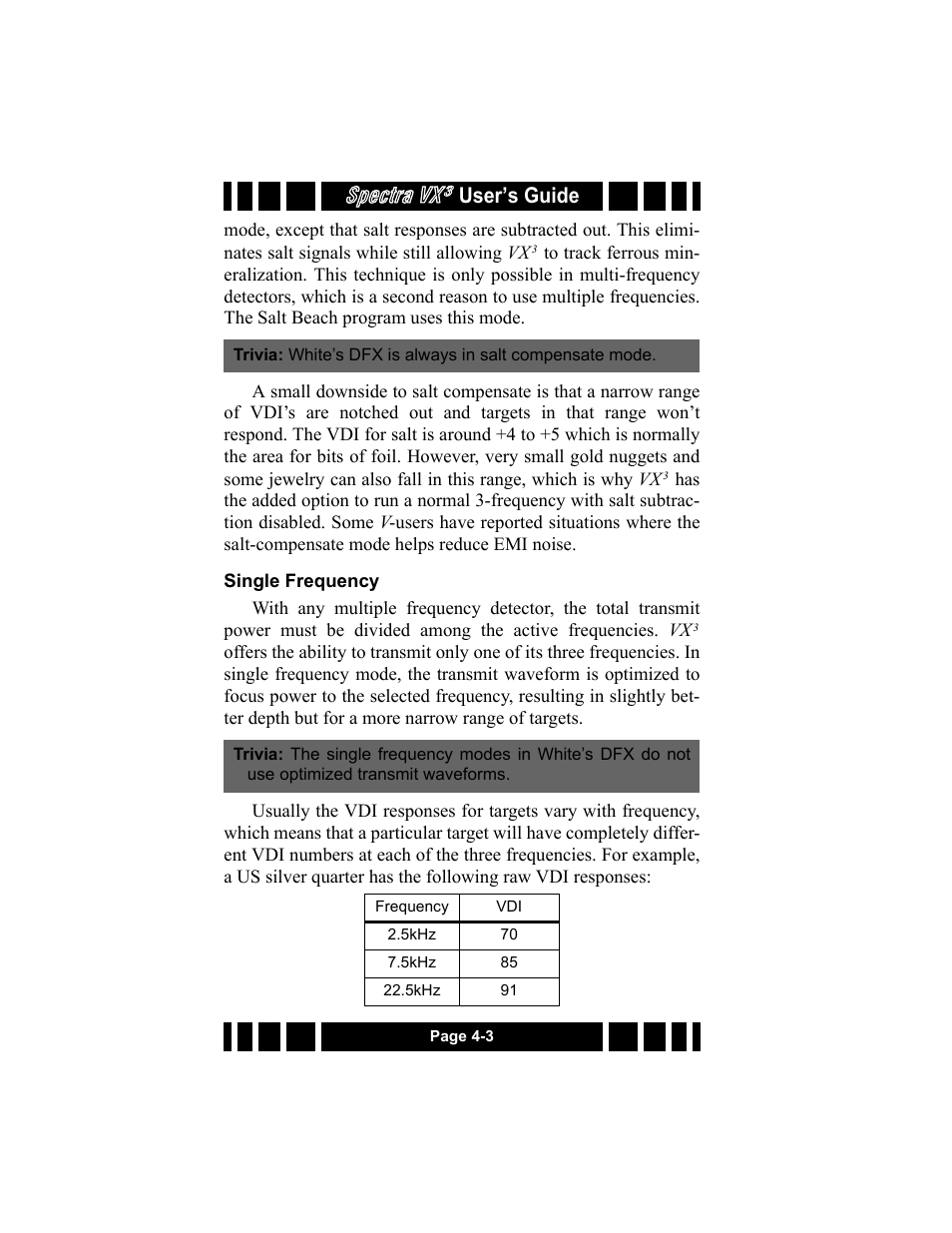 Single frequency, Single frequency -3, Spectra vx | User’s guide | White’s Electronics Spectra VX3 User Manual | Page 40 / 88
