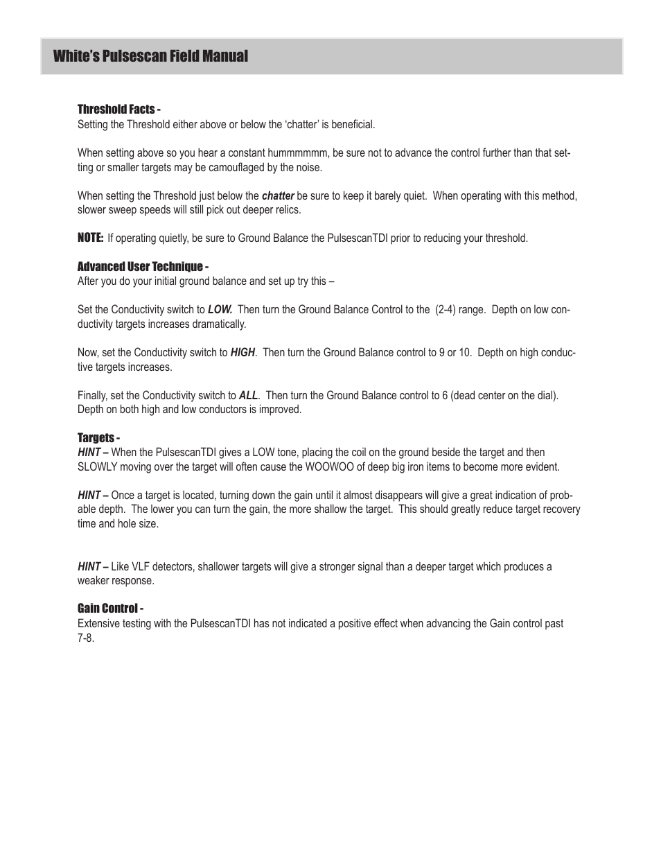 White’s pulsescan field manual | White’s Electronics Classic 1 SL User Manual | Page 12 / 16