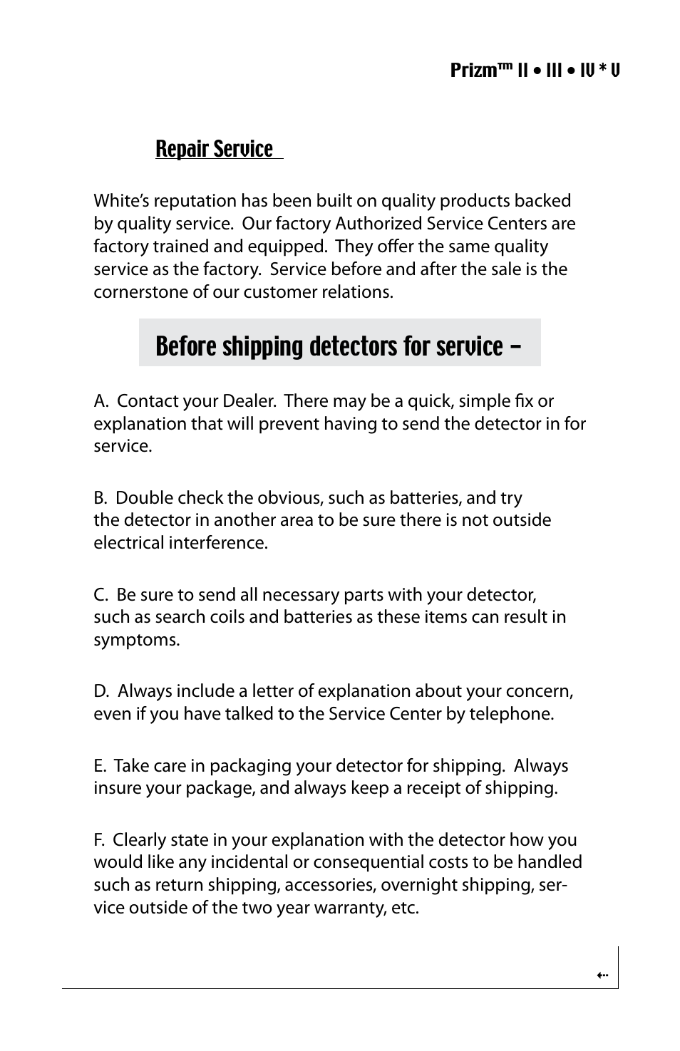 Before shipping detectors for service | White’s Electronics Prizm Combined User Manual | Page 23 / 32
