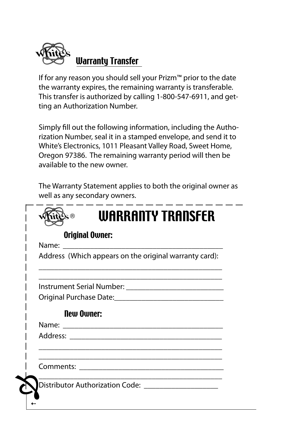 Warranty transfer | White’s Electronics Prizm Combined User Manual | Page 28 / 32