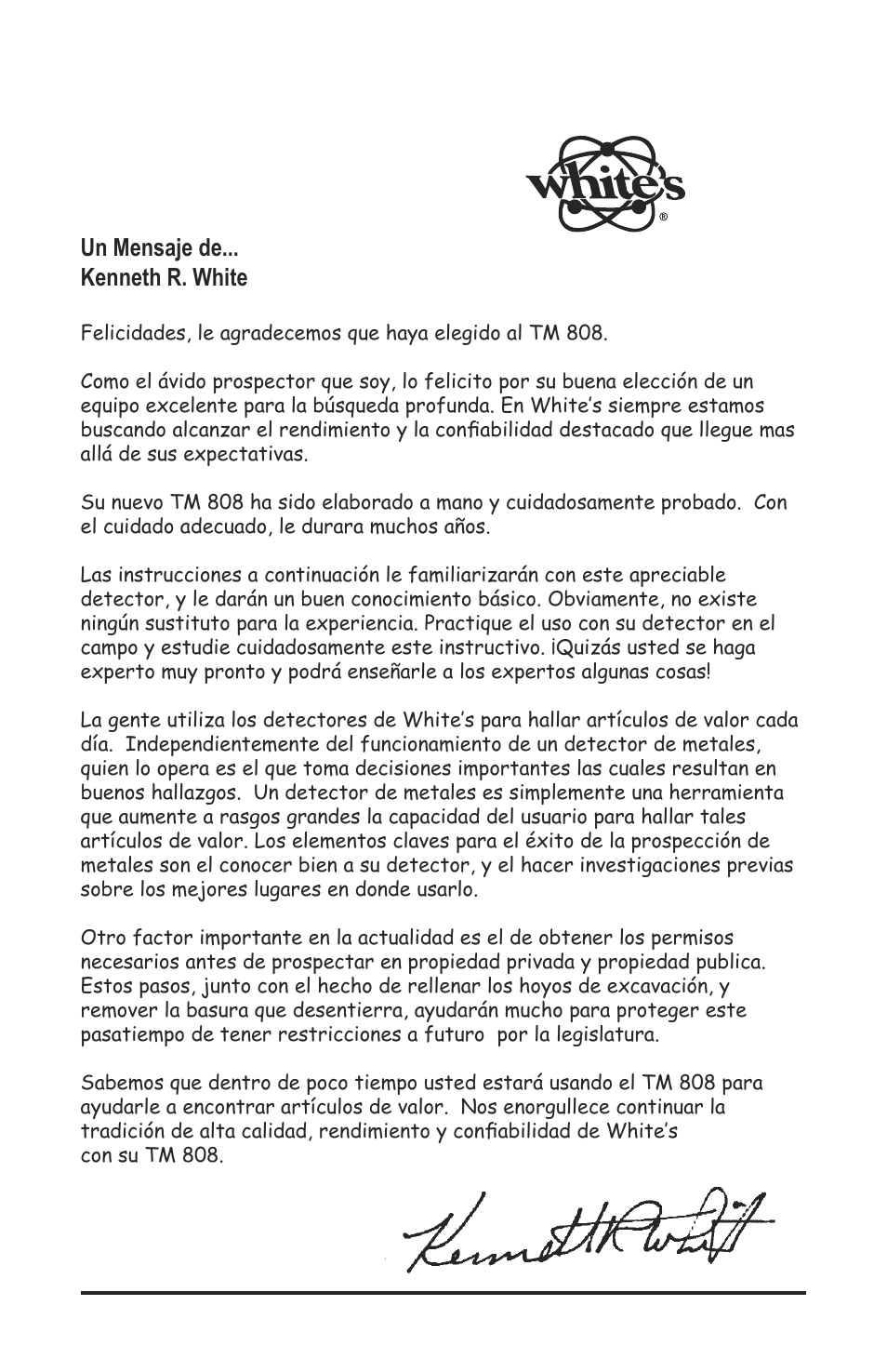 Un mensaje de... kenneth r. white | White’s Electronics TM 808 User Manual | Page 22 / 40