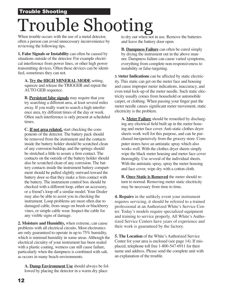 Trouble shooting | White’s Electronics Sierra Madre User Manual | Page 12 / 32