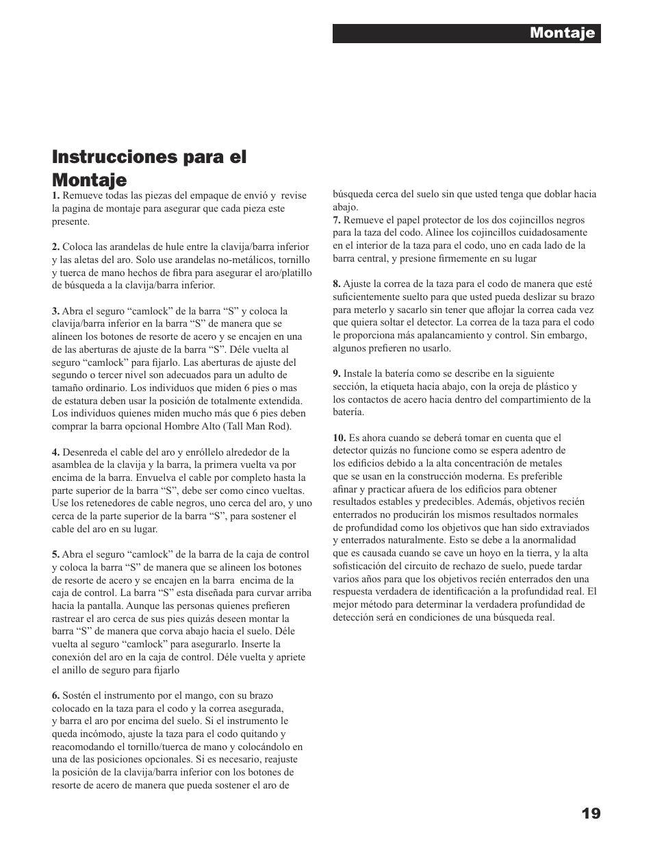 Instrucciones para el montaje, 19 montaje | White’s Electronics Sierra Madre User Manual | Page 19 / 32