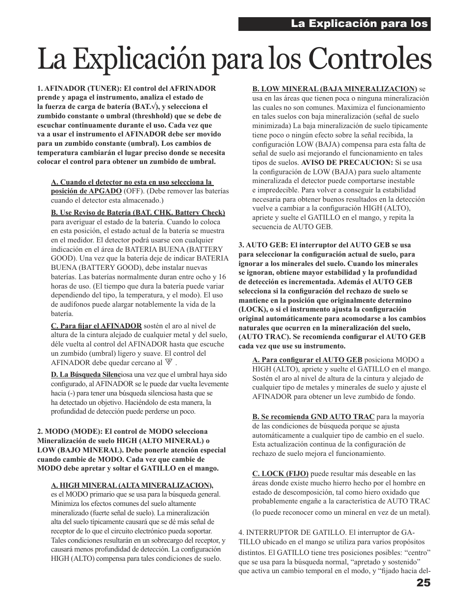 La explicación para los, Controles | White’s Electronics Sierra Madre User Manual | Page 25 / 32