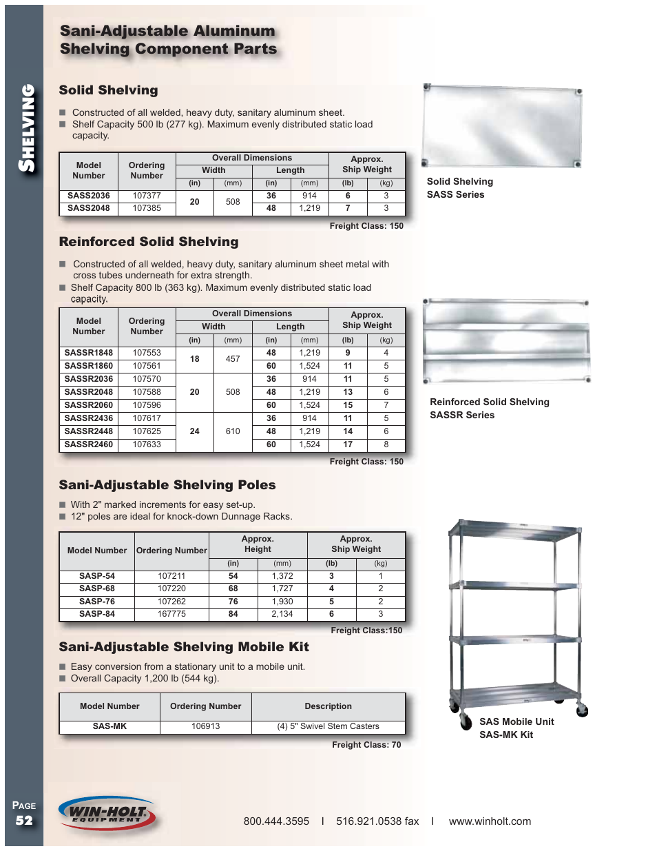 Hel ving, Sani-adjustable aluminum shelving component parts, Solid shelving | Sani-adjustable shelving poles, Reinforced solid shelving, Sani-adjustable shelving mobile kit | Win-Holt SCASU Series Shelving User Manual | Page 7 / 10