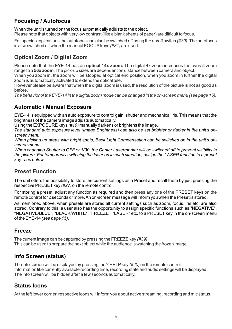 Optical zoom / digital zoom, Focusing / autofocus, Preset function | Freeze, Automatic / manual exposure, Info screen (status), Status icons | WolfVision EYE-14 User Manual User Manual | Page 10 / 28