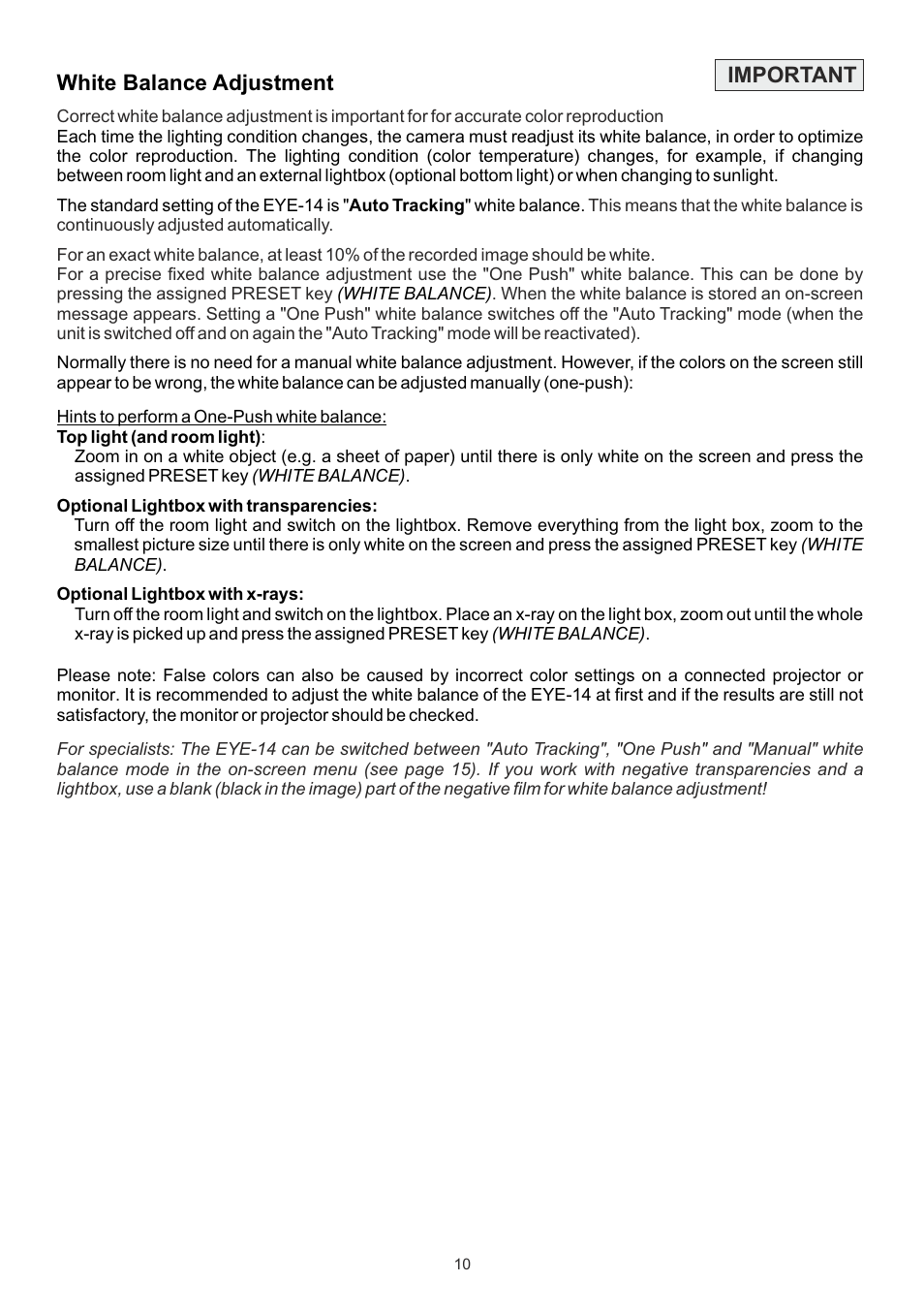 White balance adjustment, Important | WolfVision EYE-14 User Manual User Manual | Page 11 / 28