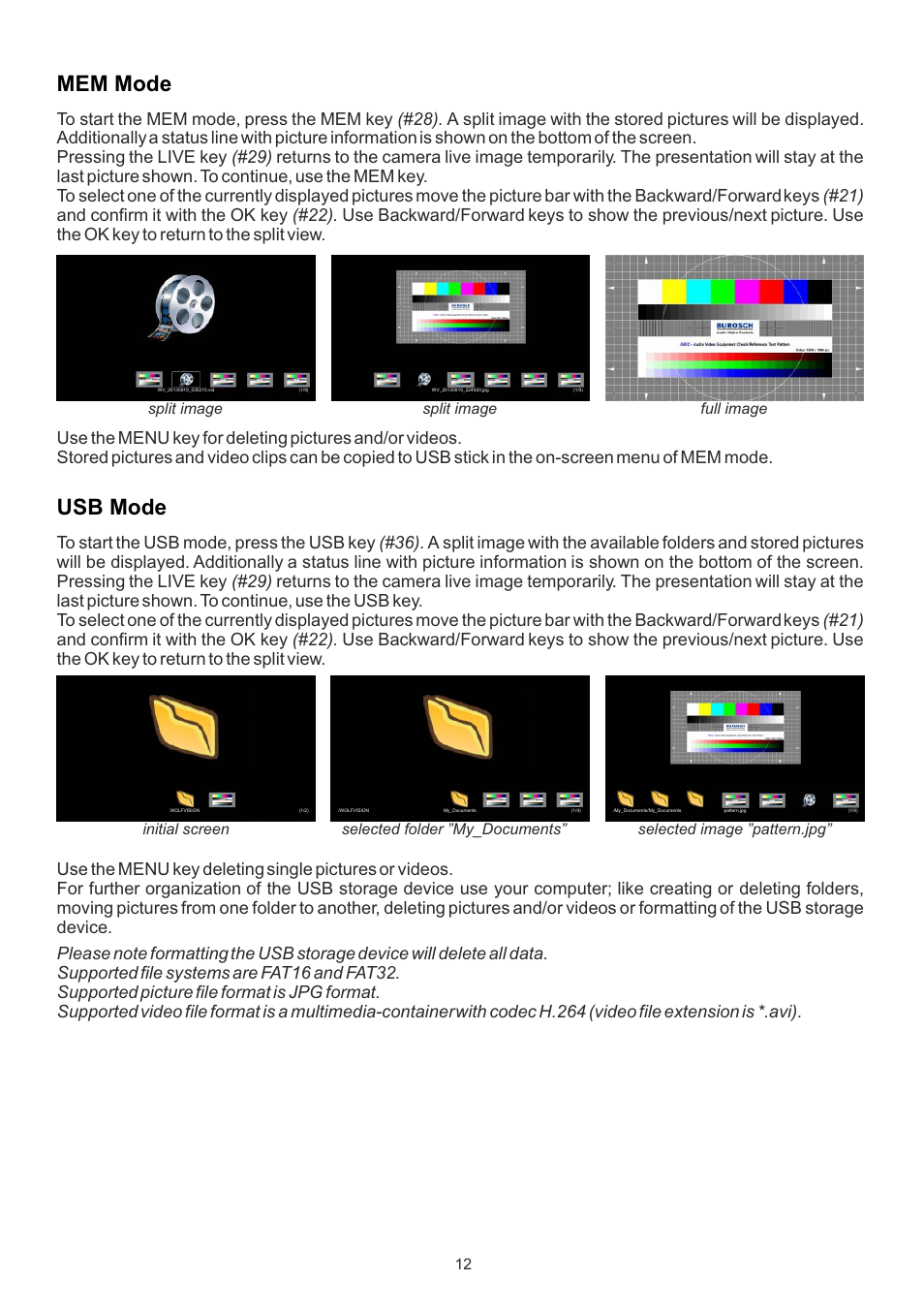 Mem mode, Usb mode, Split image | Split image full image, Selected image ”pattern.jpg” initial screen, Selected folder ”my_documents | WolfVision EYE-14 User Manual User Manual | Page 13 / 28
