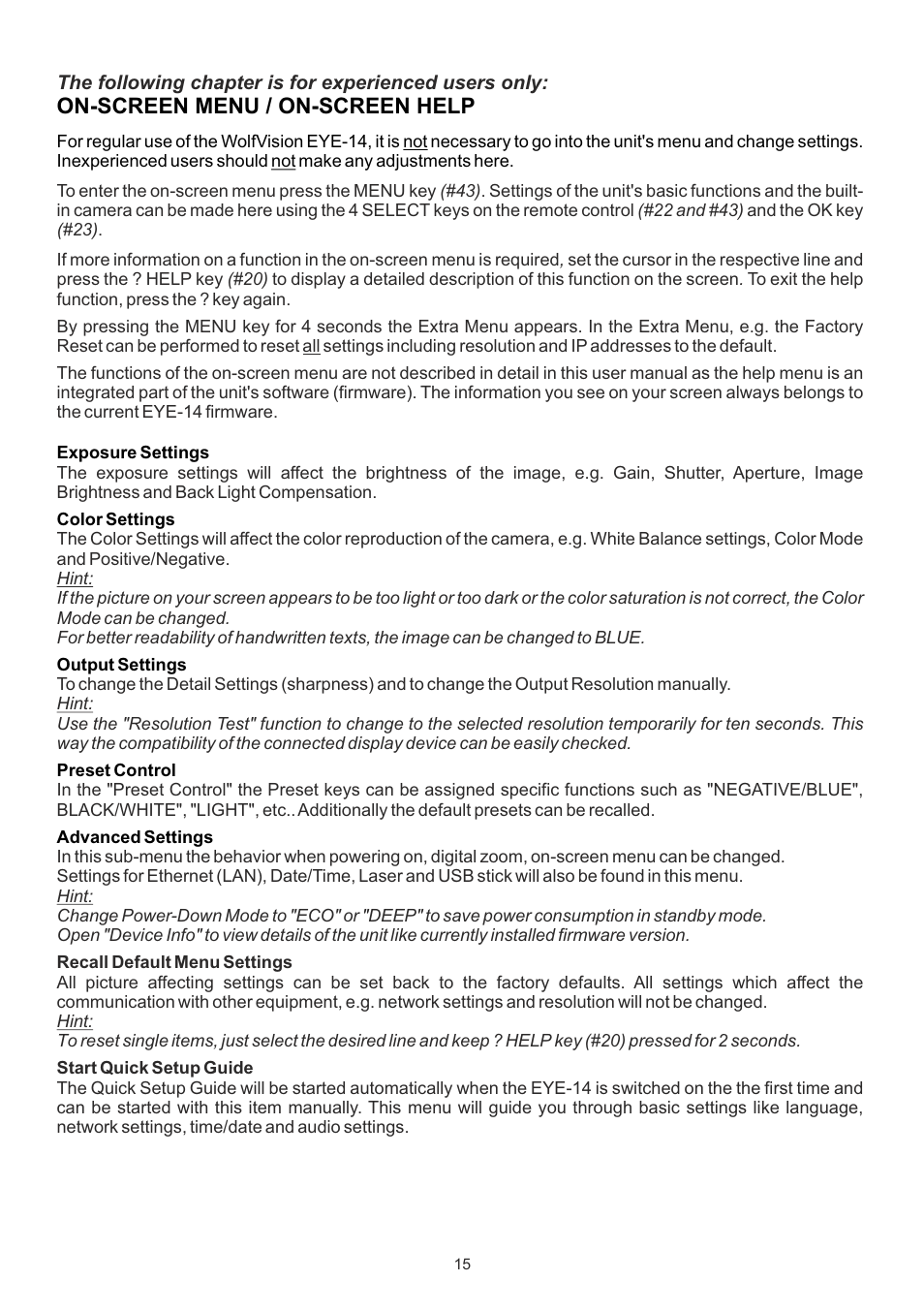 On-screen menu / on-screen help | WolfVision EYE-14 User Manual User Manual | Page 16 / 28