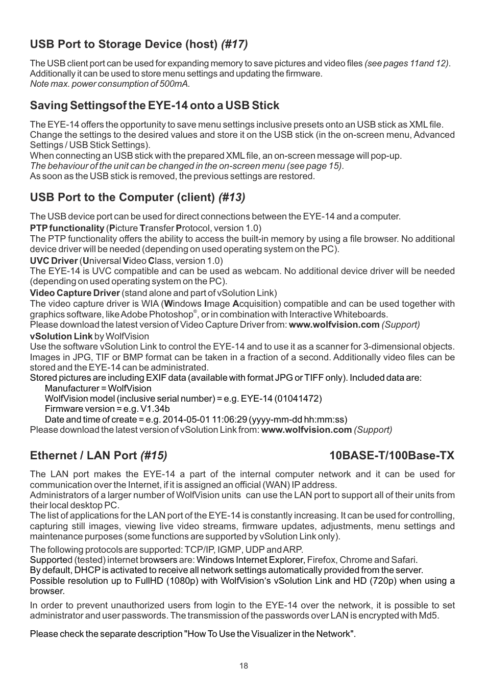 Usb port to storage device (host) (#17), Saving settingsof the eye-14 onto a usb stick, Usb port to the computer (client) (#13) | WolfVision EYE-14 User Manual User Manual | Page 19 / 28