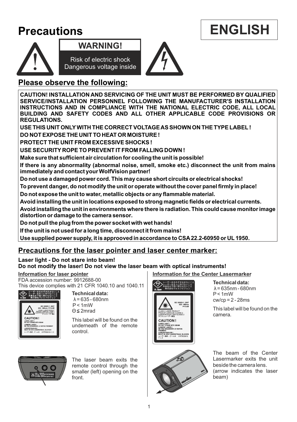 English, Precautions, Warning | Please observe the following | WolfVision EYE-14 User Manual User Manual | Page 2 / 28