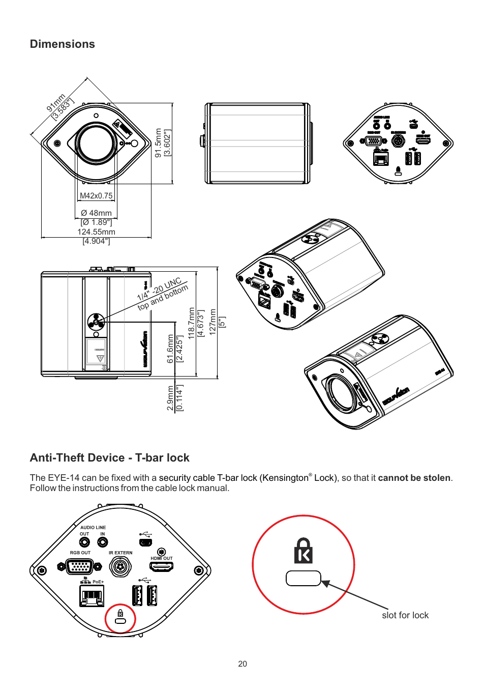 Dimensions, Anti-theft device - t-bar lock | WolfVision EYE-14 User Manual User Manual | Page 21 / 28
