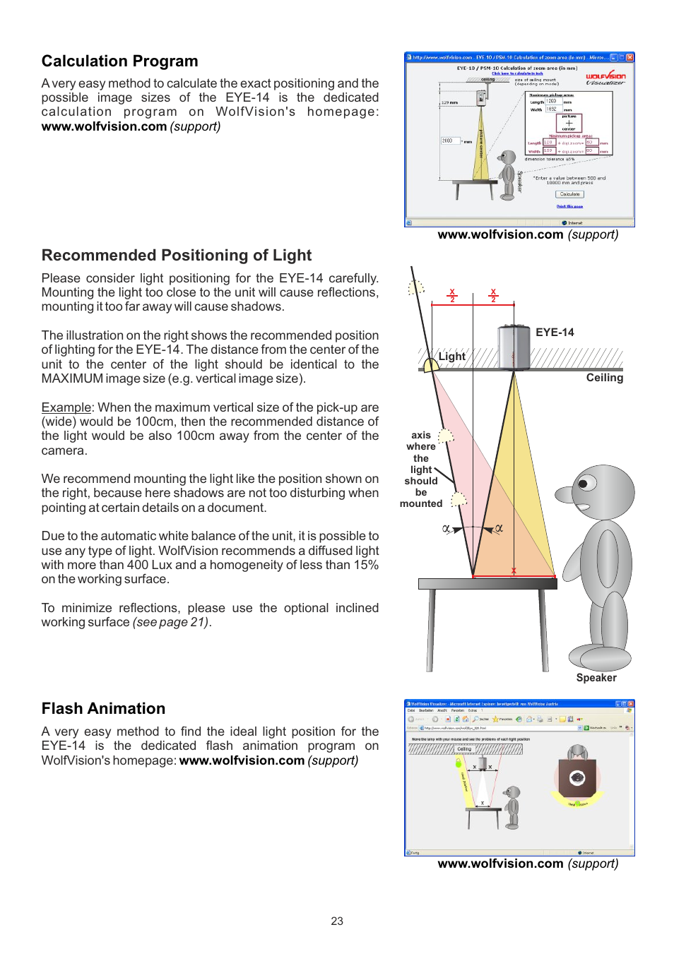 Recommended positioning of light flash animation, Calculation program | WolfVision EYE-14 User Manual User Manual | Page 24 / 28