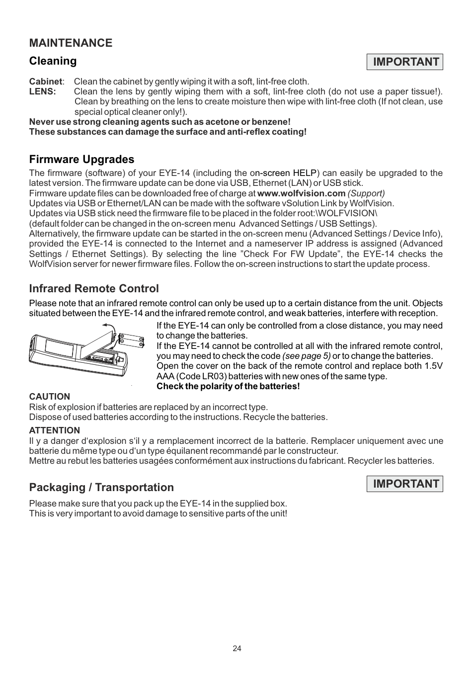Maintenance cleaning, Important, Firmware upgrades | Infrared remote control, Packaging / transportation important | WolfVision EYE-14 User Manual User Manual | Page 25 / 28