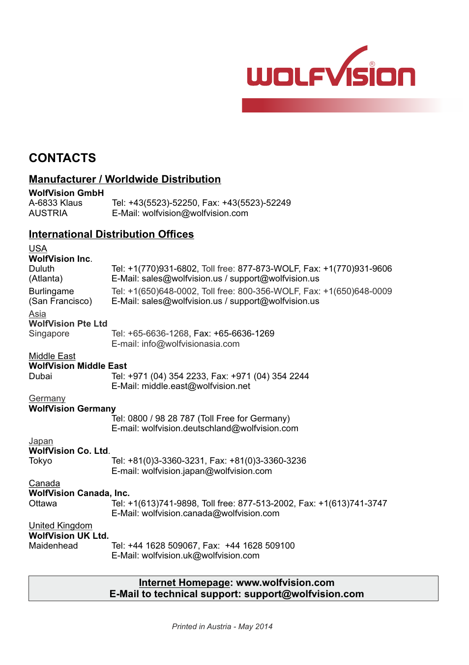 Contacts | WolfVision EYE-14 User Manual User Manual | Page 28 / 28
