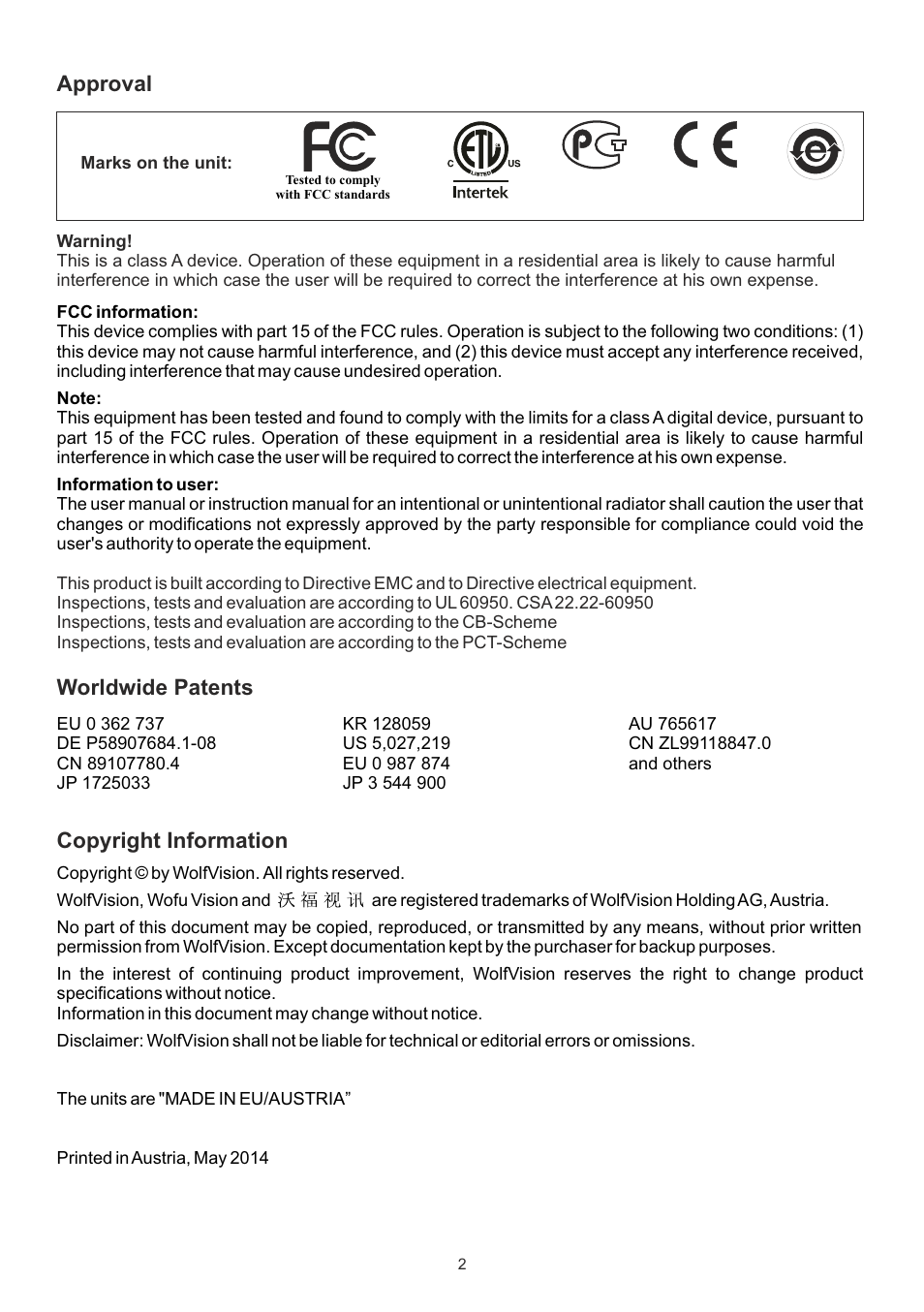 Approval worldwide patents copyright information | WolfVision EYE-14 User Manual User Manual | Page 3 / 28