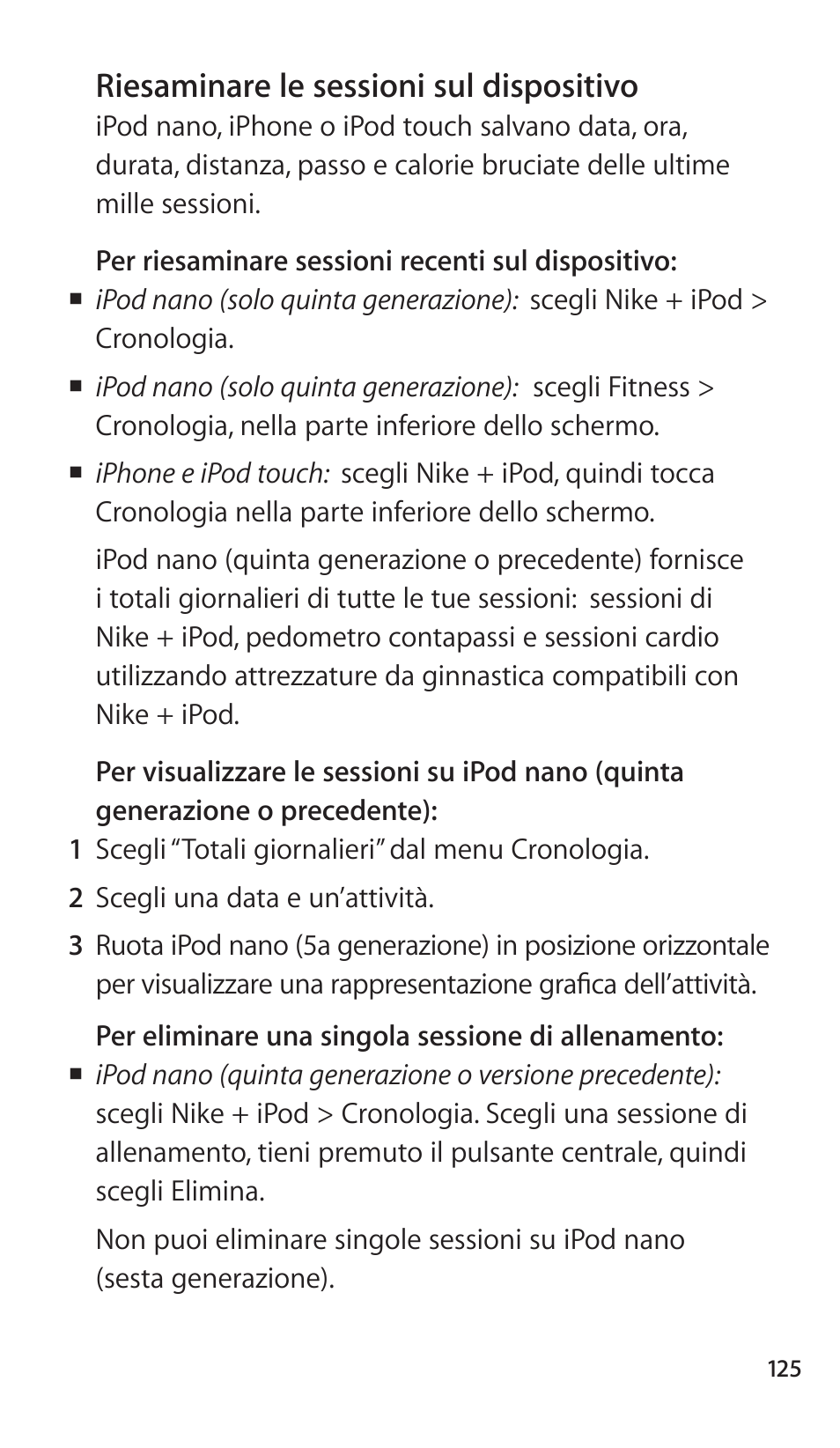 Riesaminare le sessioni sul dispositivo, 125 riesaminare le sessioni sul dispositivo | Apple Nike + iPod Sensor User Manual | Page 125 / 144