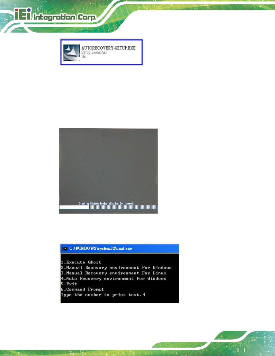 Figure b-22: auto recovery utility, Figure b-23: launching the recovery tool, Figure b-24: auto recovery environment for windows | IEI Integration KINO-DH810 User Manual | Page 132 / 166