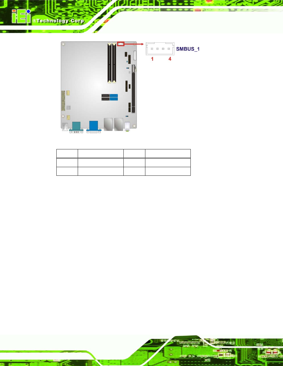 14 spi connector, Figure 3-14: smbus connector location, Table 3-11: smbus connector pinouts | IEI Integration KINO-AQ670 User Manual | Page 42 / 197