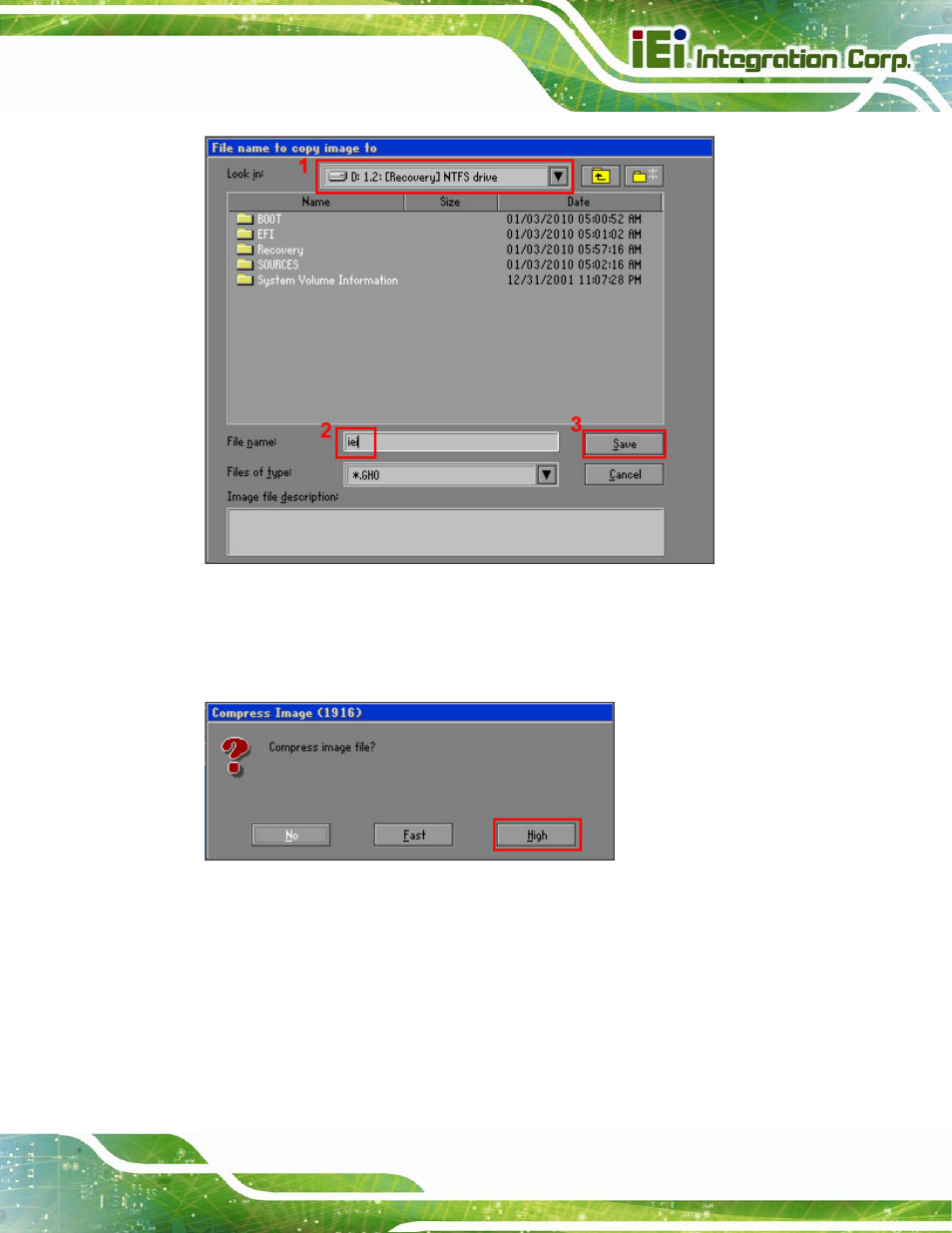 Figure b-16: file name to copy image to, Figure b-17: compress image | IEI Integration KINO-CV-D25501_N26001 User Manual | Page 133 / 167