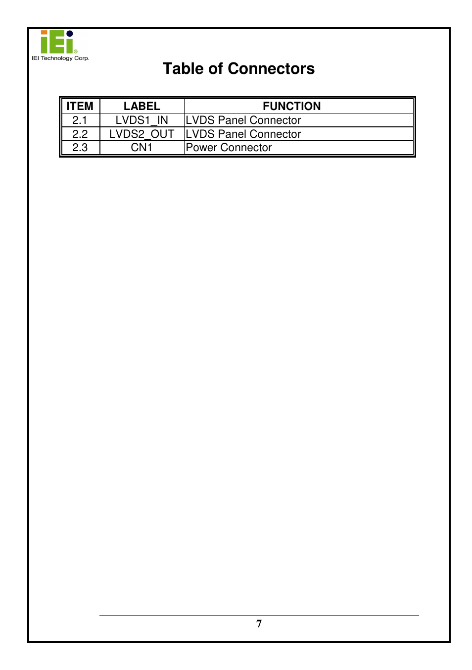 Table of connectors | IEI Integration LVDS24-01 User Manual | Page 7 / 10