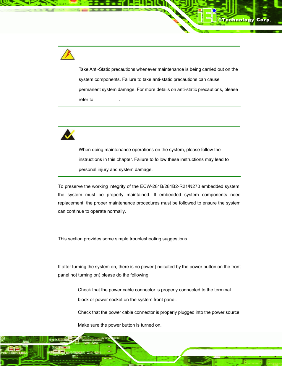 2 system troubleshooting, 1 the system doesn’t turn on | IEI Integration ECW-281B-N270-WT v2.10 User Manual | Page 135 / 179