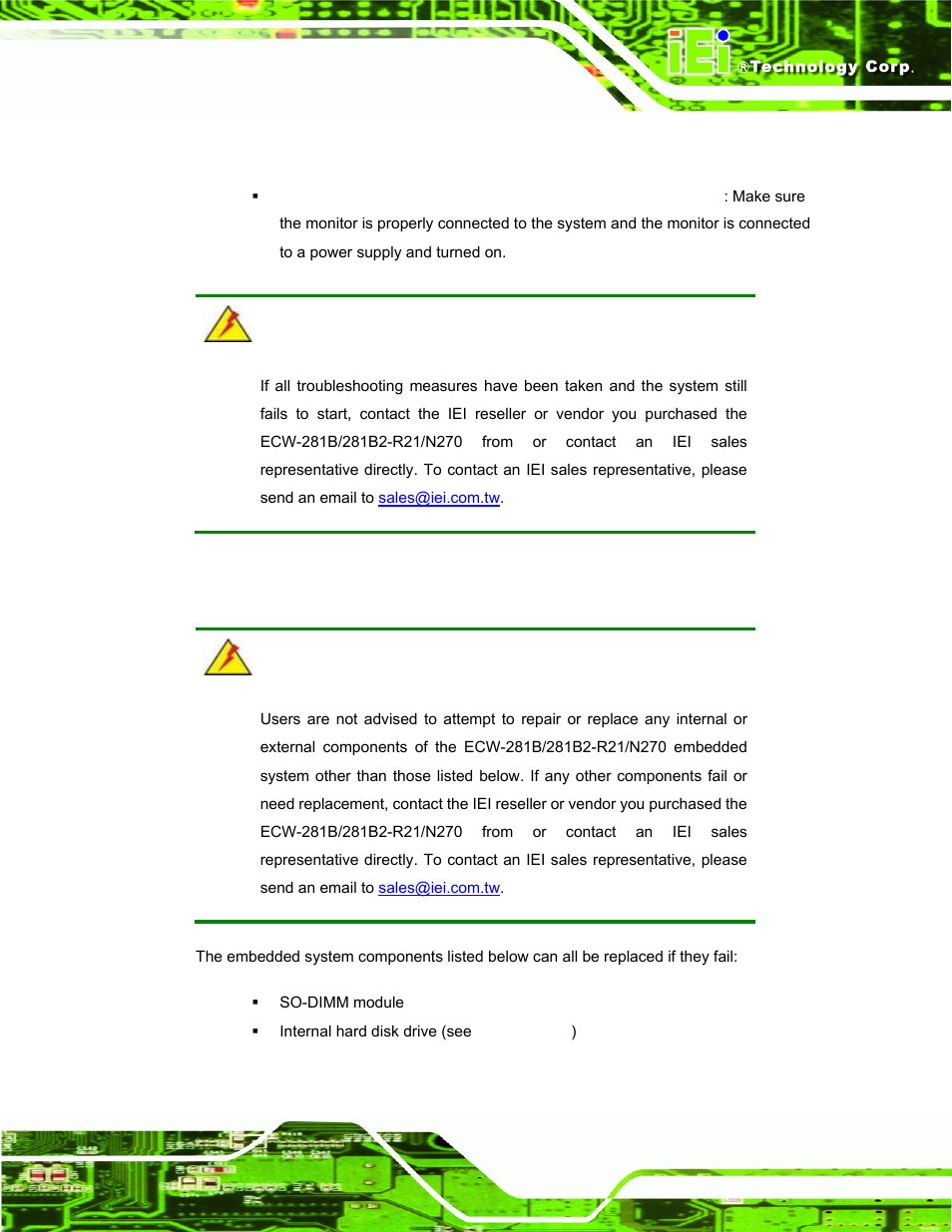 3 more troubleshooting, 3 component replacement procedure | IEI Integration ECW-281B-N270-WT v2.10 User Manual | Page 137 / 179