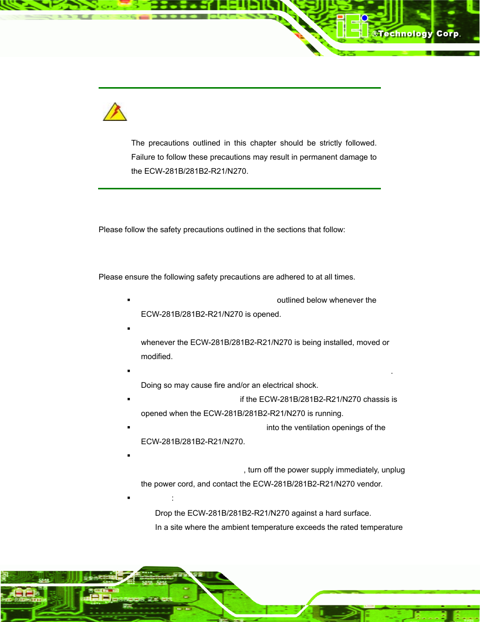 A.1 safety precautions, A.1.1 general safety precautions | IEI Integration ECW-281B-N270-WT v2.10 User Manual | Page 141 / 179