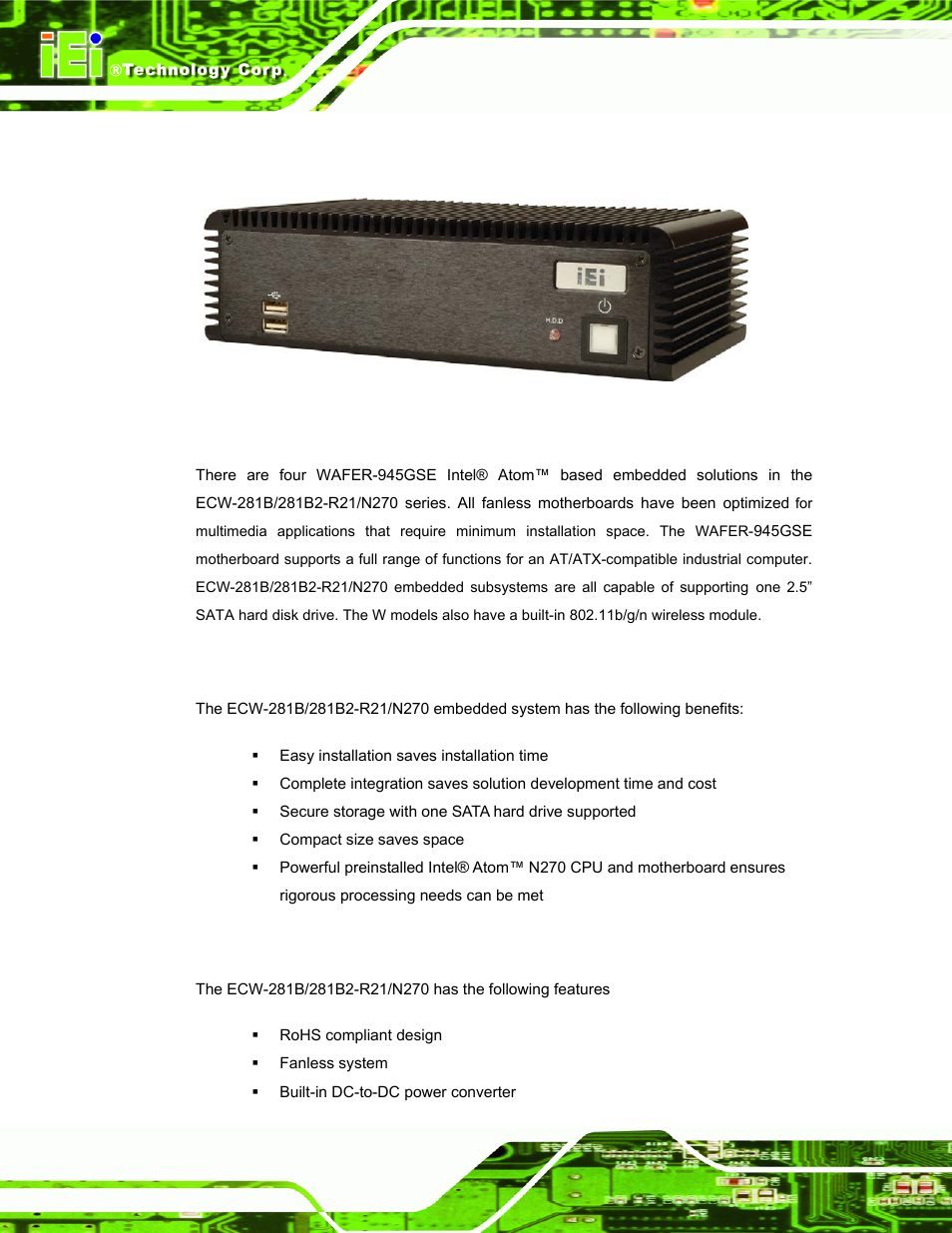 1 overview, 1 benefits, 2 features | IEI Integration ECW-281B-N270-WT v2.10 User Manual | Page 18 / 179