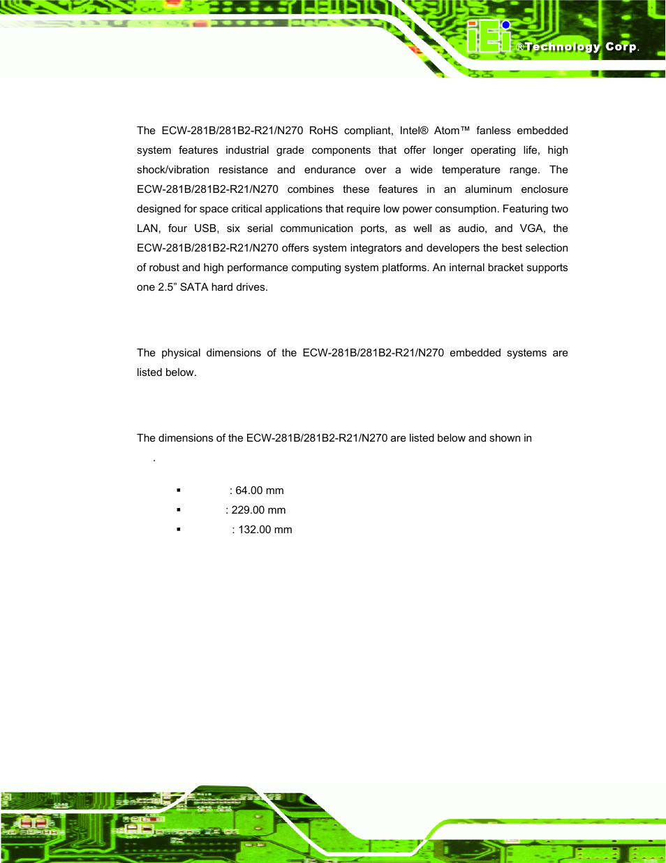 1 mechanical overview, 2 physical dimensions, 1 system dimensions | IEI Integration ECW-281B-N270-WT v2.10 User Manual | Page 25 / 179