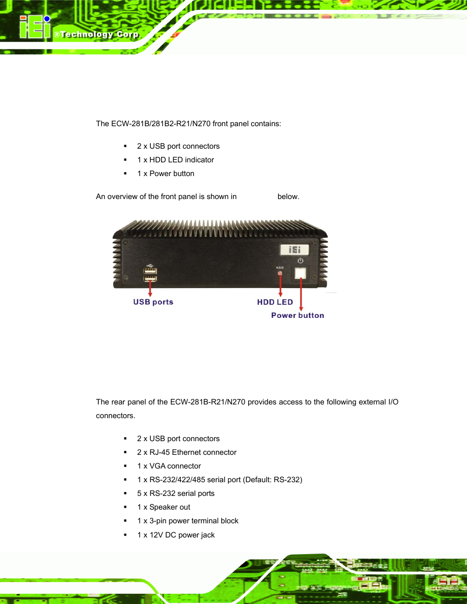 3 external overview, 1 front panel, 2 rear panel | 1 ecw-281b-r21/n270 rear panel | IEI Integration ECW-281B-N270-WT v2.10 User Manual | Page 28 / 179