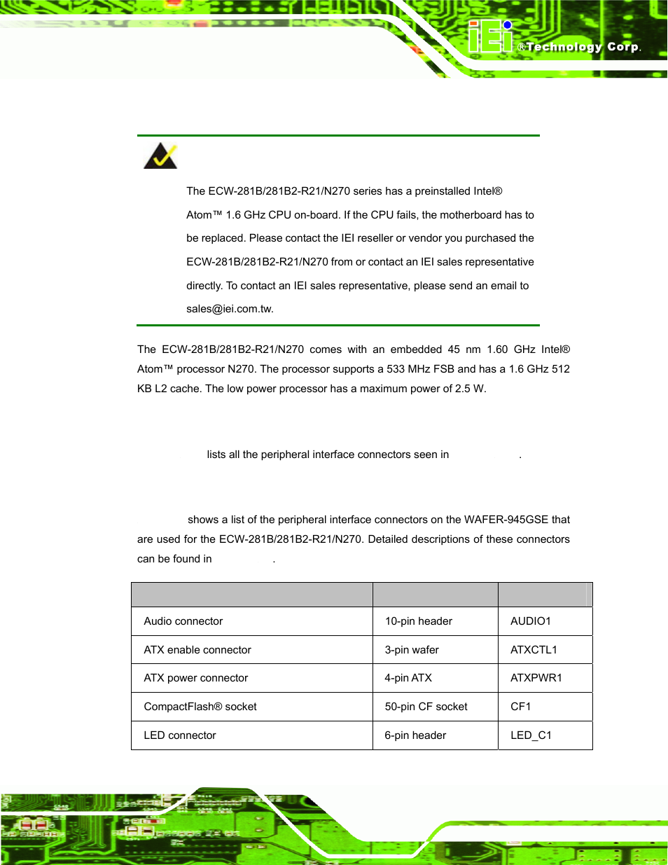 2 cpu support, 2 peripheral interface connectors, 1 peripheral interface connectors | IEI Integration ECW-281B-N270-WT v2.10 User Manual | Page 35 / 179