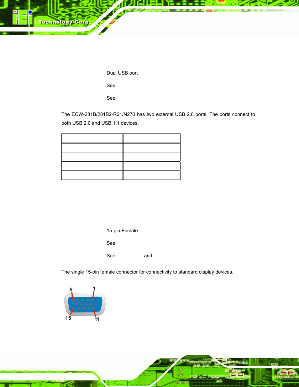 3 usb connectors, 4 vga connector | IEI Integration ECW-281B-N270-WT v2.10 User Manual | Page 52 / 179