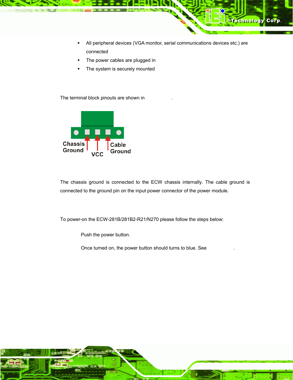 2 terminal block pinouts, 3 power-on procedure | IEI Integration ECW-281B-N270-WT v2.10 User Manual | Page 71 / 179