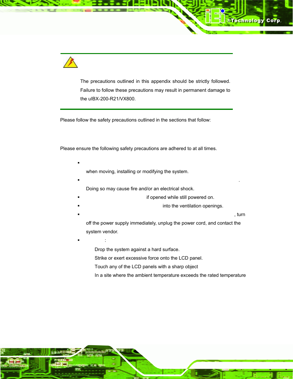 B.1 safety precautions, B.1.1 general safety precautions, Afety | Recautions | IEI Integration uIBX-200-VX800 v2.10 User Manual | Page 107 / 116