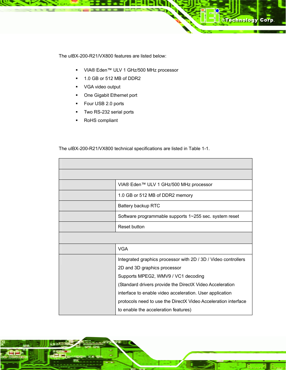 3 features, 4 technical specifications, Eatures | Echnical, Pecifications | IEI Integration uIBX-200-VX800 v2.10 User Manual | Page 13 / 116